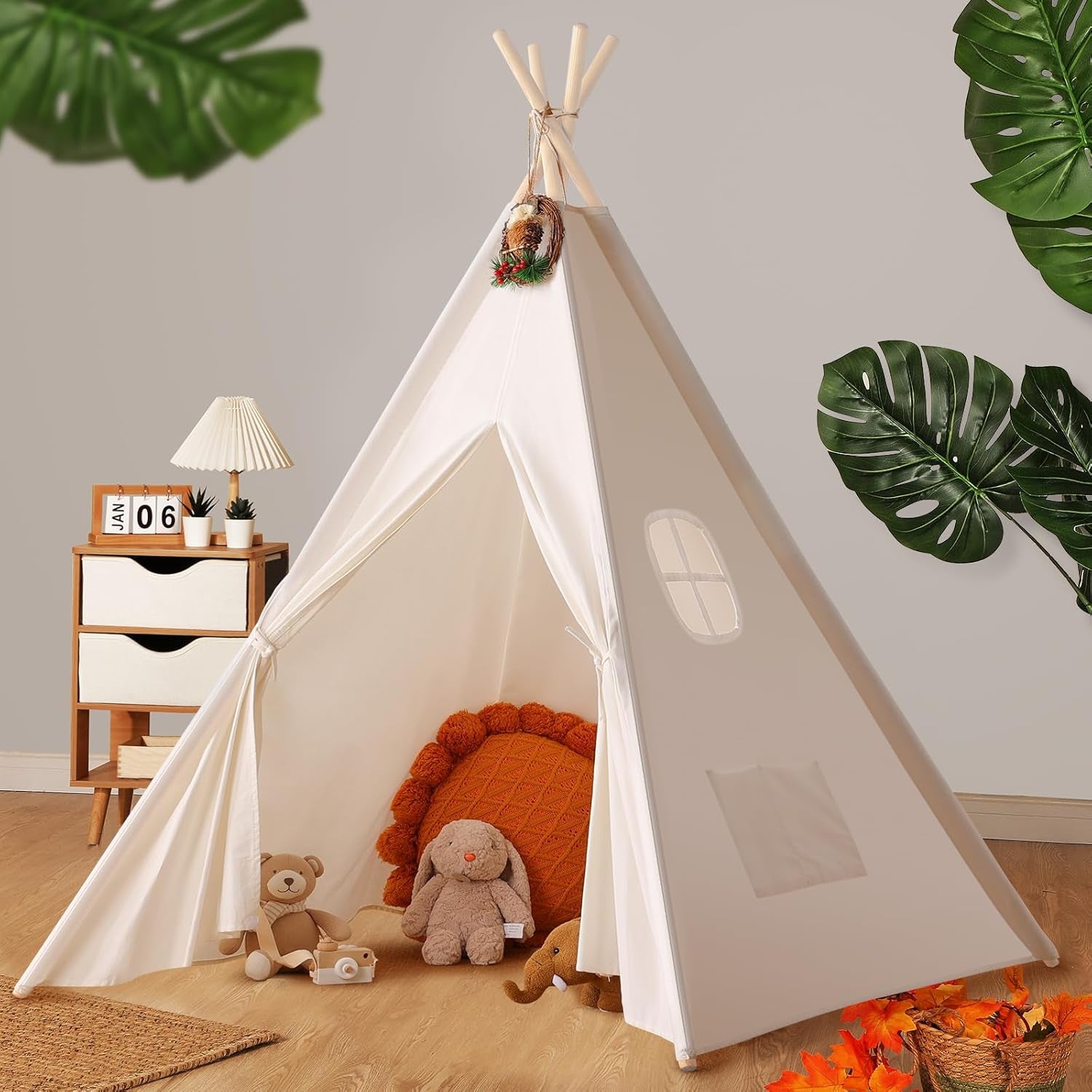 Teepee Tent for Kids with Carry Case, Natural Cotton Canvas Teepee Play Tent, Toys for Girls/Boys Indoor & Outdoor Playing