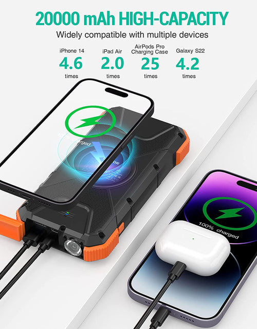 Load image into Gallery viewer, Solar Power Bank, 𝗣𝗗𝟭𝟴𝗪 𝐐𝐂𝟑.𝟎 Fast Charging 10W Wireless Charger 20000Mah Solar Powered Powerbank with Type C Input/Output, IPX5 Waterproof, Camping Flashlight, Compass, Carabiner
