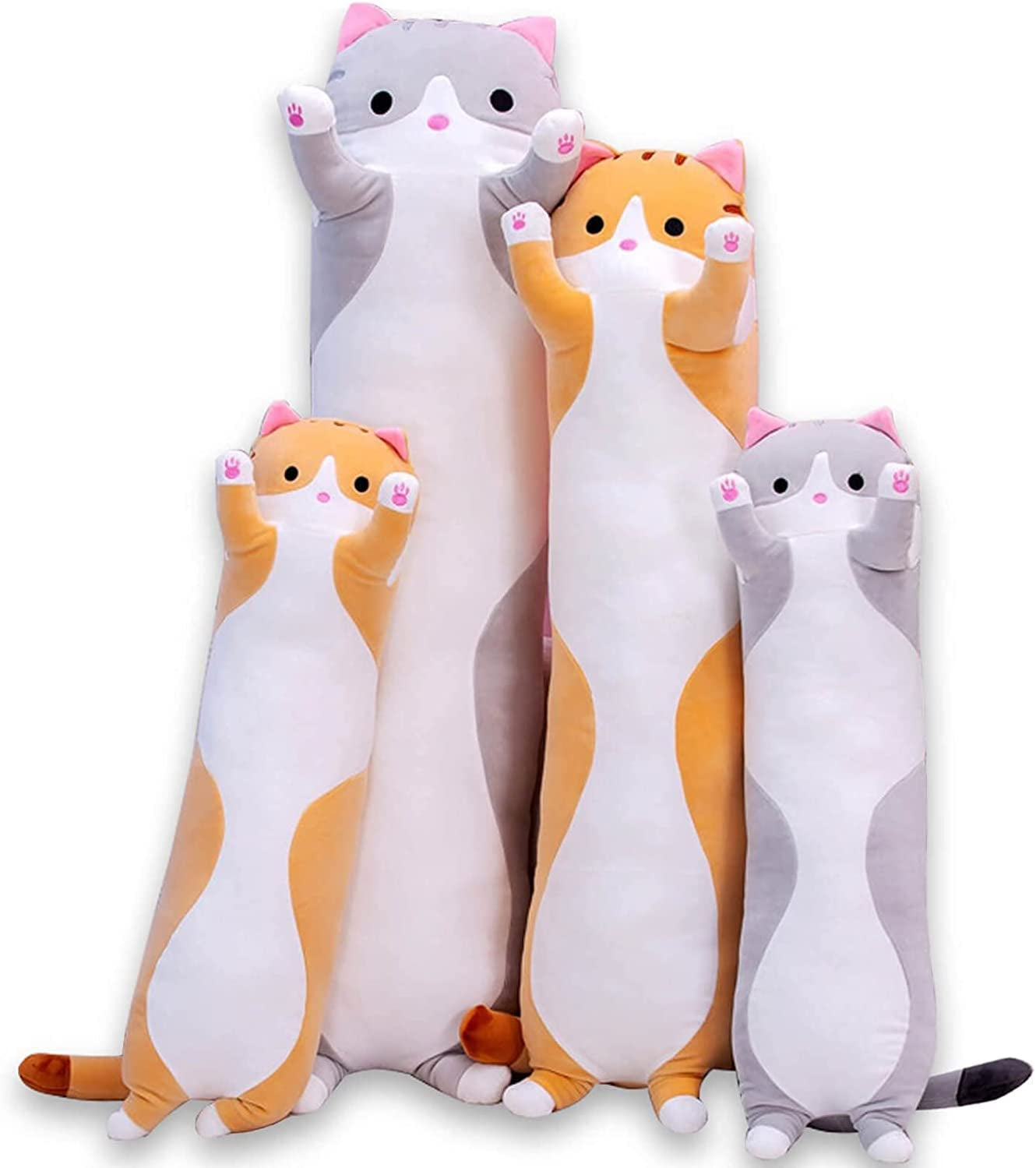 Cute Cat Plush Long Body Pillow Cuddle Cartoon Stuffed Animals Cat Plushie Soft Doll Pillows Gifts for Kids Girls (Orange, 19")