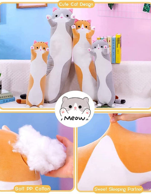 Load image into Gallery viewer, Cute Cat Plush Long Body Pillow Cuddle Cartoon Stuffed Animals Cat Plushie Soft Doll Pillows Gifts for Kids Girls (Orange, 19&quot;)
