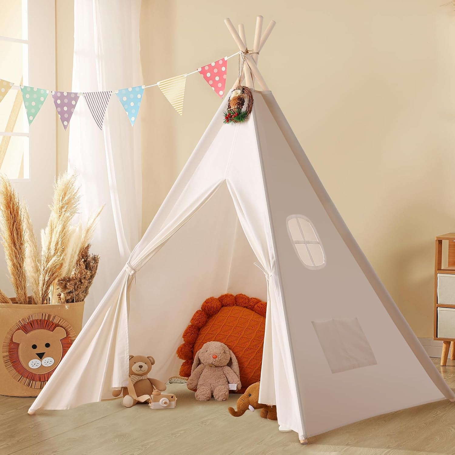 Teepee Tent for Kids with Carry Case, Natural Cotton Canvas Teepee Play Tent, Toys for Girls/Boys Indoor & Outdoor Playing